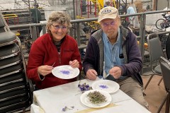 Margaret Guinee and Bill Paul (husband) cutting blue statice --- Photo by Erik C. Andersen