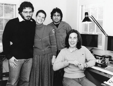Director Lawrence Kasdan, left, assistant editors Mia Goldman and Bruce Cannon, and Carol Littleton in The Big Chill cutting room in 1983. Photo courtesy of Mia Goldman
