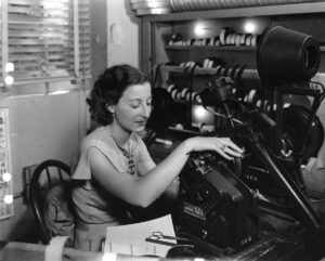 <em>Barbara McLean editing</em> Sing, Baby, Sing <em>at 20th Century-Fox in 1936. <br>Bison Archives</em>