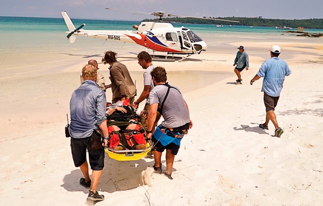 Accidents will happen: Host Jeff Probst and the medical team during the fourth episode of season 32 Survivor Kaoh Rong