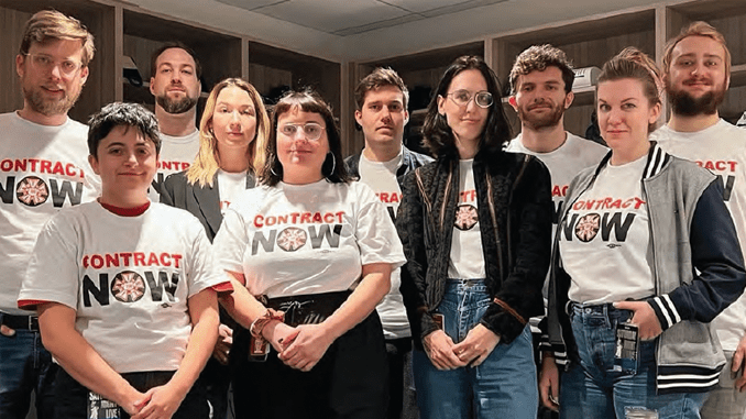 “SNL” post workers with their Contract Now shirts.