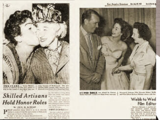 Anne Bauchens receives a kiss from film star Victor Mature (top clipping), while a newspaper announces the engagement of Barbara McLean to director Robert Webb.