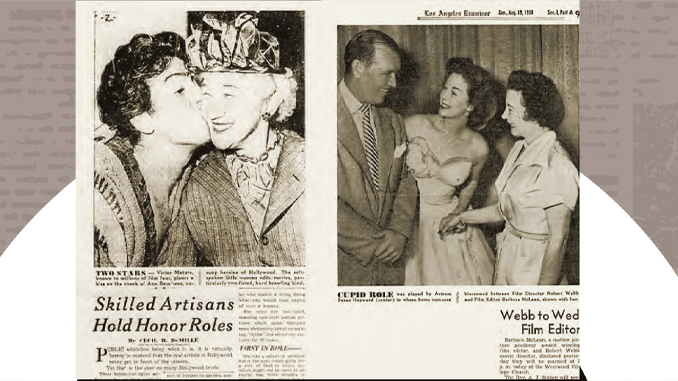 Anne Bauchens receives a kiss from film star Victor Mature (top clipping), while a newspaper announces the engagement of Barbara McLean to director Robert Webb.